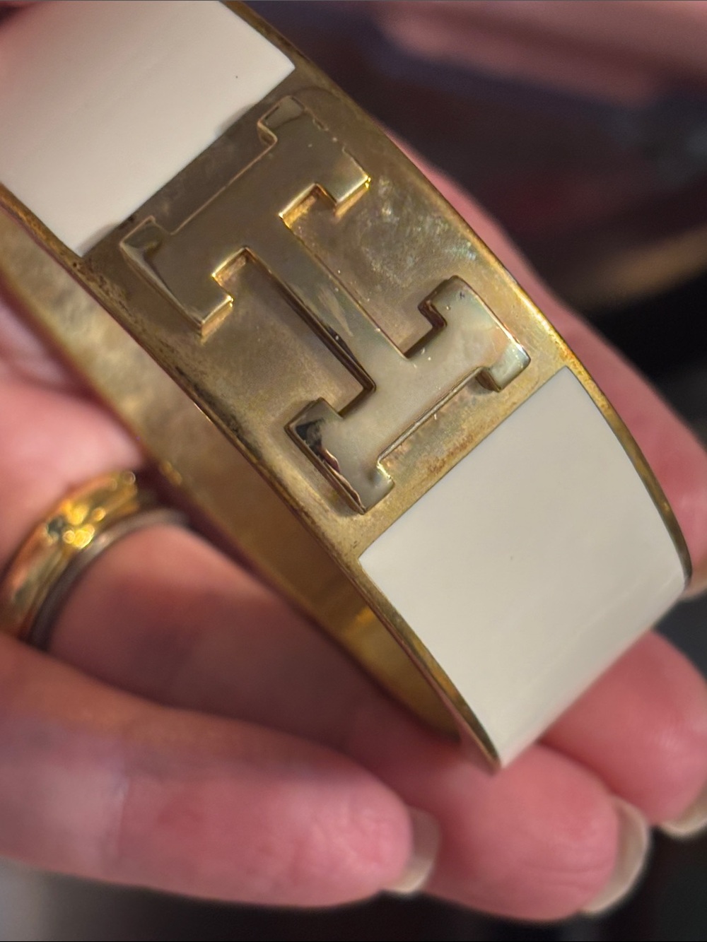 C. Wonder Gold Tone and Cream H-Accent Enamel Cuff Bracelet - Picture 4 of 17